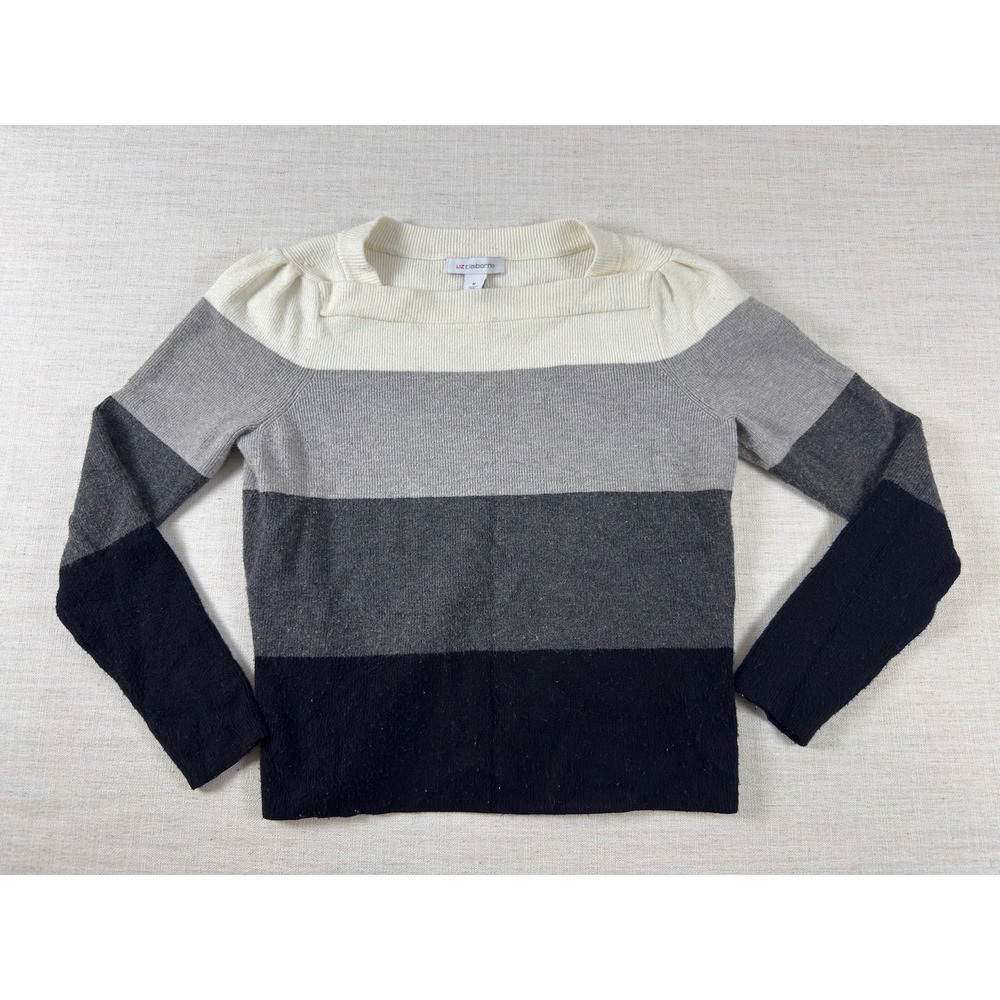 Liz Claiborne Women Colorblock Ribbed Knit Boat Neck Sweater Grey Black Medium